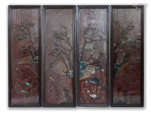 Set of Four Wall Rosewood Panel with Jade and Jadeite