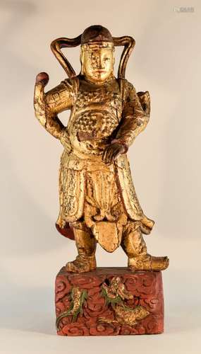 Large Chinese Wood Guardian with Gold Lacquer