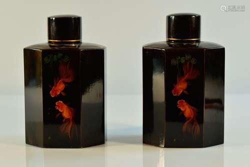 Pair of Chinese Lacquer Tea Caddy with Goldfish Scene