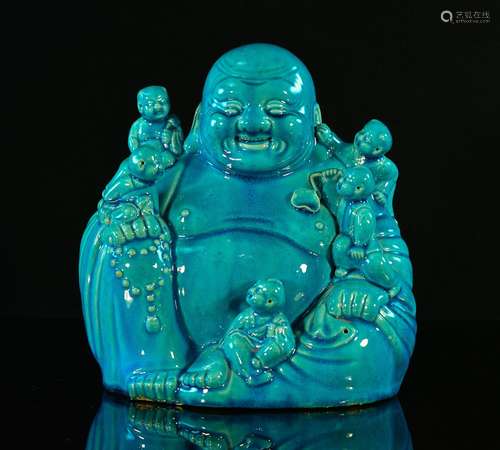 Chinese Peacock Blue Porcelain Seated Laughing Buddha