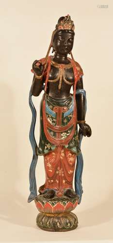 Chinese Standing Lacquered Wood Kuanyin with Gilt