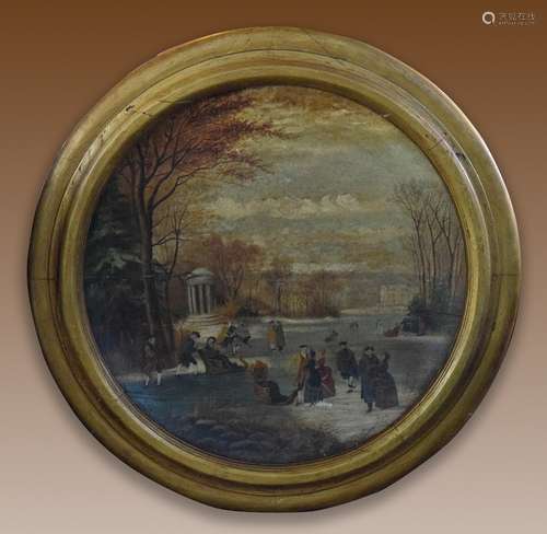 Large Continental French Oil Painted Wood Round Charger