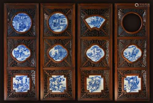 Set of Four Chinese Porcelain Tiles Blue White