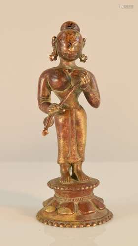 Indian Bronze Musician with Flute on Round Base