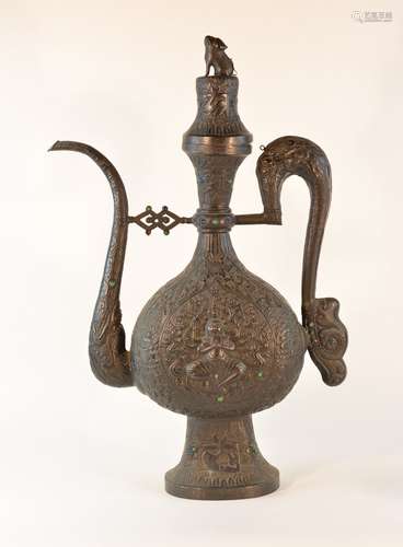 Large Tibetan Mongolia Ceremonial Ewer with Inlays