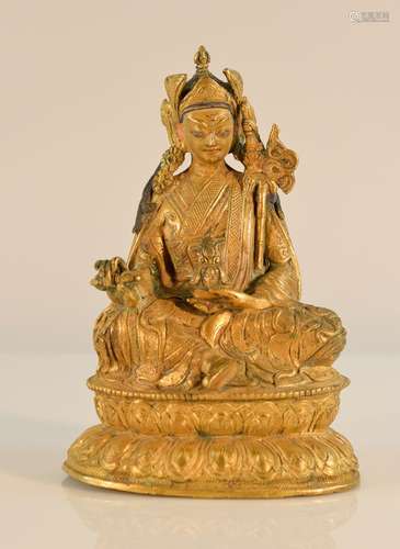 Tibet Gilt Bronze Seated Lama with Attribute in Hand