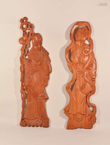 Pair Chinese Carved Hardwood Shoulao and Beauty