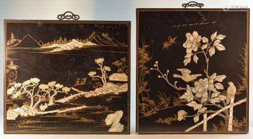 Two Chinese Wall Lacquer Panel with Mother of Pearl