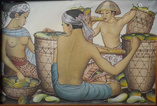 Southeast Asia Oil Painting of Farmer Harvesting Water