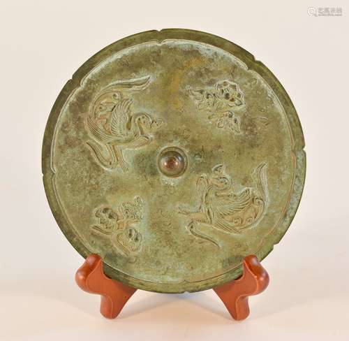 Japanese Bronze Mirror with Phoenix Scene