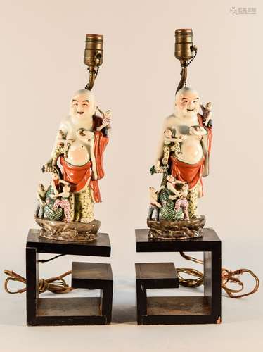 Pair Chinese Porcelain Happy Buddha with Base