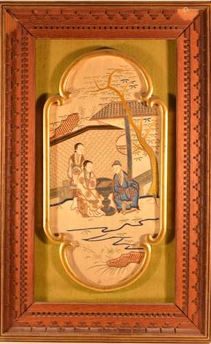 Chinese Framed Embroidery Panel - Scholar Couple Scene