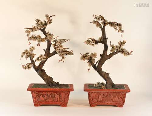 Pair of Chinese Cinnebar Planter with Jade Flower