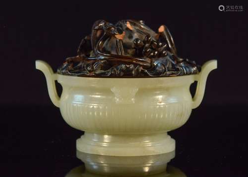 Chinese Nephrite Jade Censer with Wood Cover