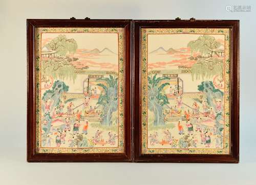 Pair Chinese Porcelain Plaques with Children Playing