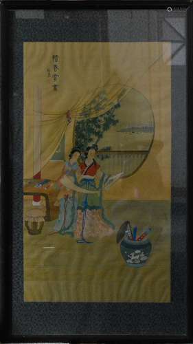 Chinese Framed Painting on Silk - Beauty in Garden