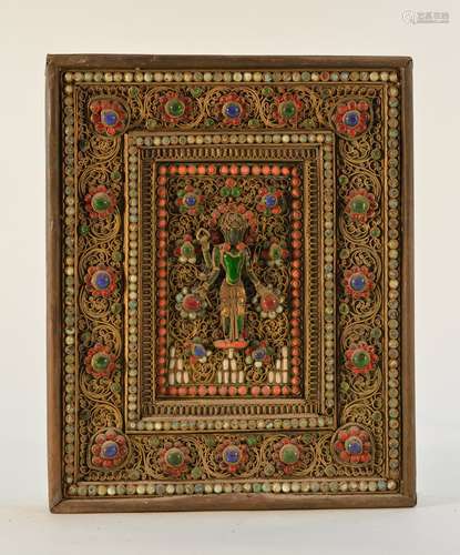 Nepalese Bronze Buddha Plaque with Inlays