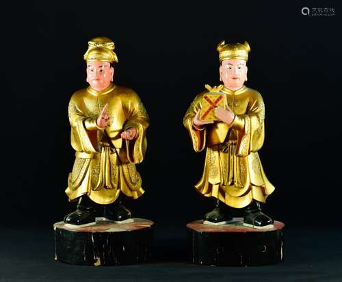 Large Pair Chinese Carved Wood Figurine with Seal