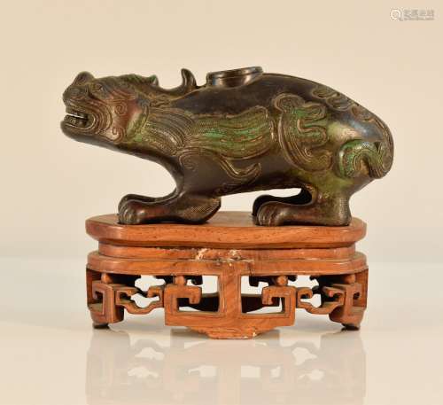 Chinese Archaic Bronze Beast on Rosewood Base