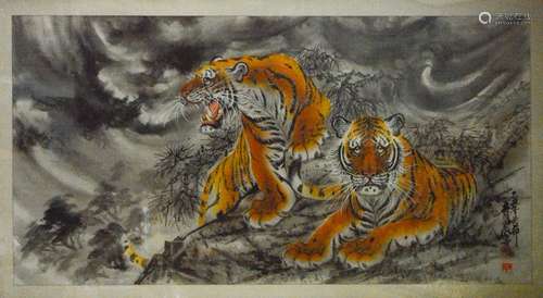 Large Korean Tiger Painting with Custom Frame