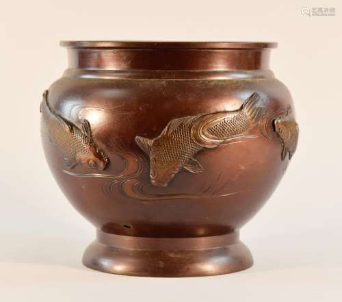 Japanese Bronze Bowl with Koi Scene