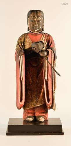 Japanese Wood Monk with Lacquer Decoration - Edo Period