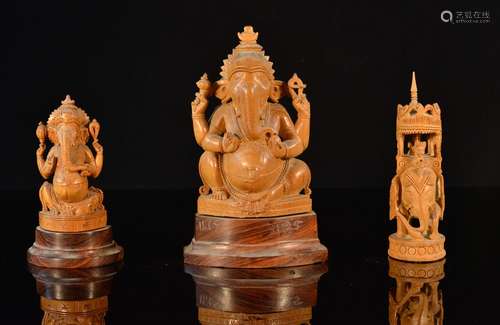 Group of Three Carved Boxwood Wood Indian Ganesh