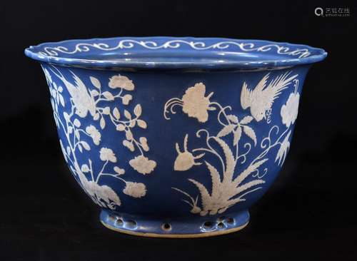 Chinese Blue Glazed Porcelain Planter with White Pastel