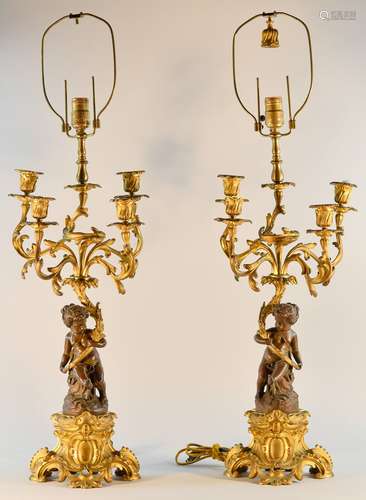 Pair French Bronze Candelabra of Cherub Scene