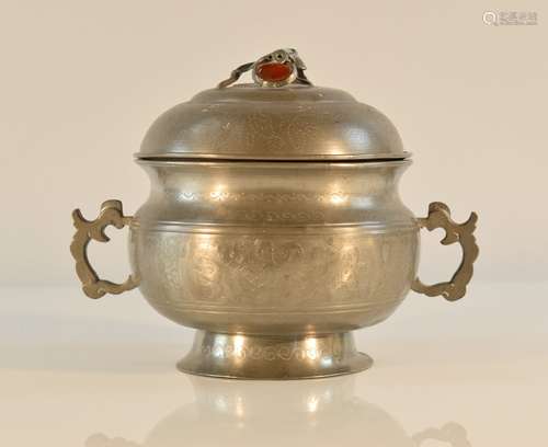 Chinese Pewter Censer with Agate Inlay