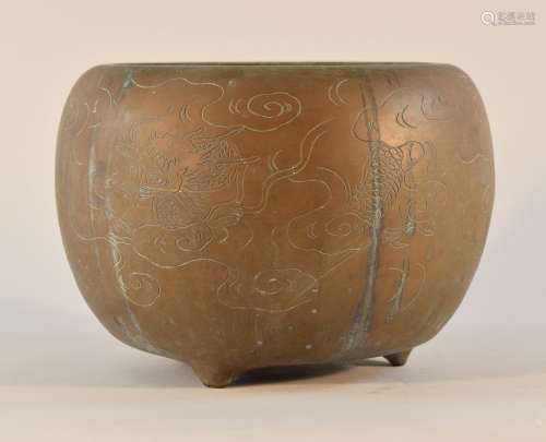 Japanese Bronze Braised Censer with Incised Dragon