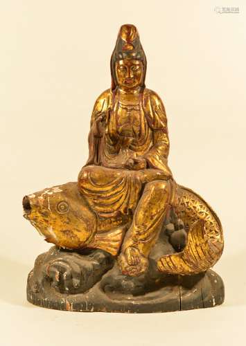 Chinese Wood Kuanyin on Carp