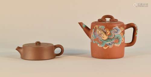 Two Chinese Yixin Teapots - One with Enamel