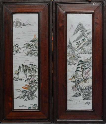 Pair of Chinese Porcelain Tiles of Landscape Scene