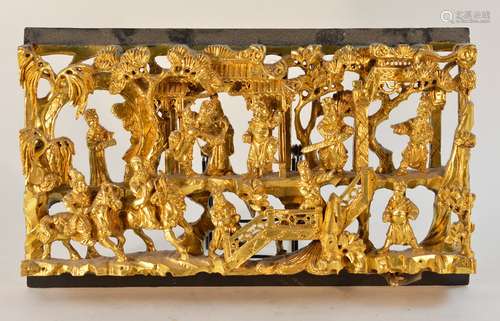 Chinese Carved Gilt Wood Panel with Warrior Battling