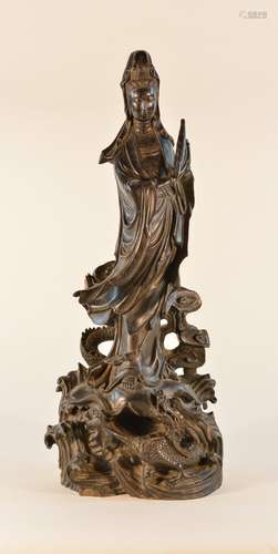 Chinese Carved Wood Kuanyin on Wave