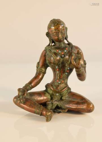 Nepalese Seated Bronze Figurine with Inlayed Jewels