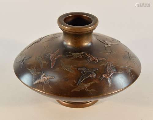 Japanese Bronze Mixed Metal Vase with Crane Scene