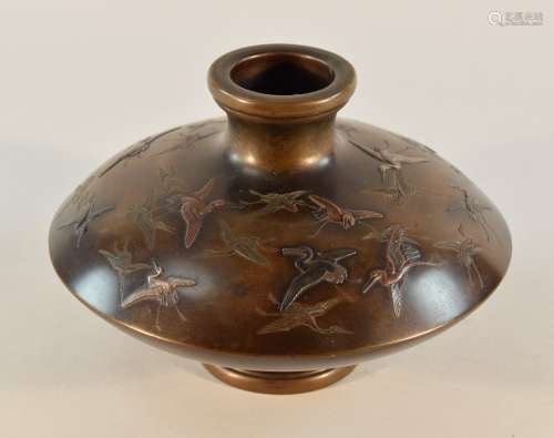 Japanese Bronze Mixed Metal Vase with Crane Scene