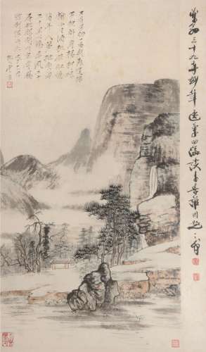 唐云 1948年作 拟石涛山水 镜框 设色纸本