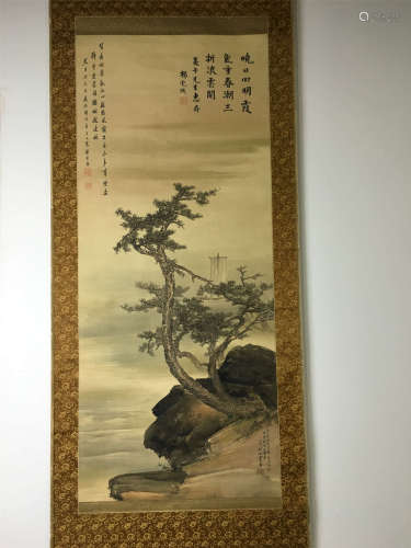 陈宝琛（杨虎城题） 日式装裱绢本山水立轴