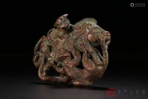 （精英）027:汉代·云南出土精铜铸造包浆醇厚群兽捕猎图摆件