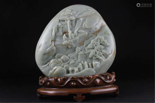 20th C Chinese Celadon Jade Moutain