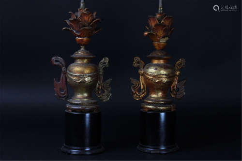 Antique Pair of Chinese Gilt Lamps