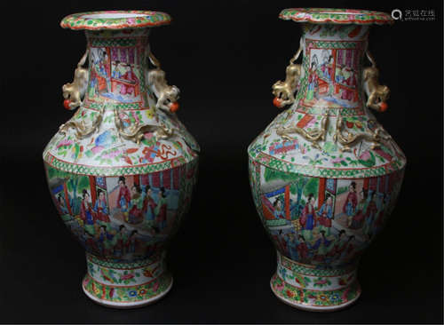 Antique Chinese Pair of rose Mandarien Vases