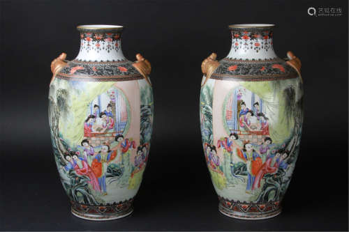 Antique Pair of Chinese Pair of Famille Rose Vases