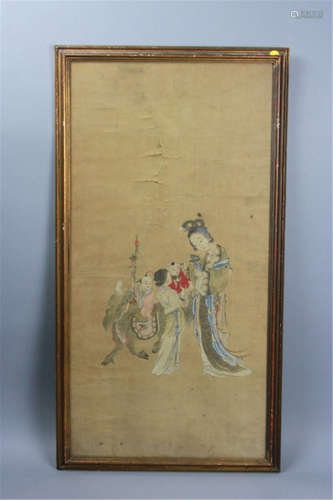 Antique Chinese Painting With Woman and Boys