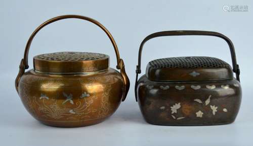 2 Chinese Silver Wire inlaid Bronze Hand Warmers