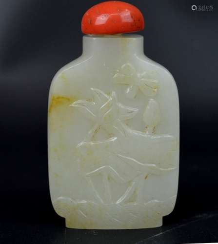 19th C Chinese Carved White Jade Snuff Bottle