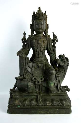 Chinese Cast Metal Guanyin Seated on Lion